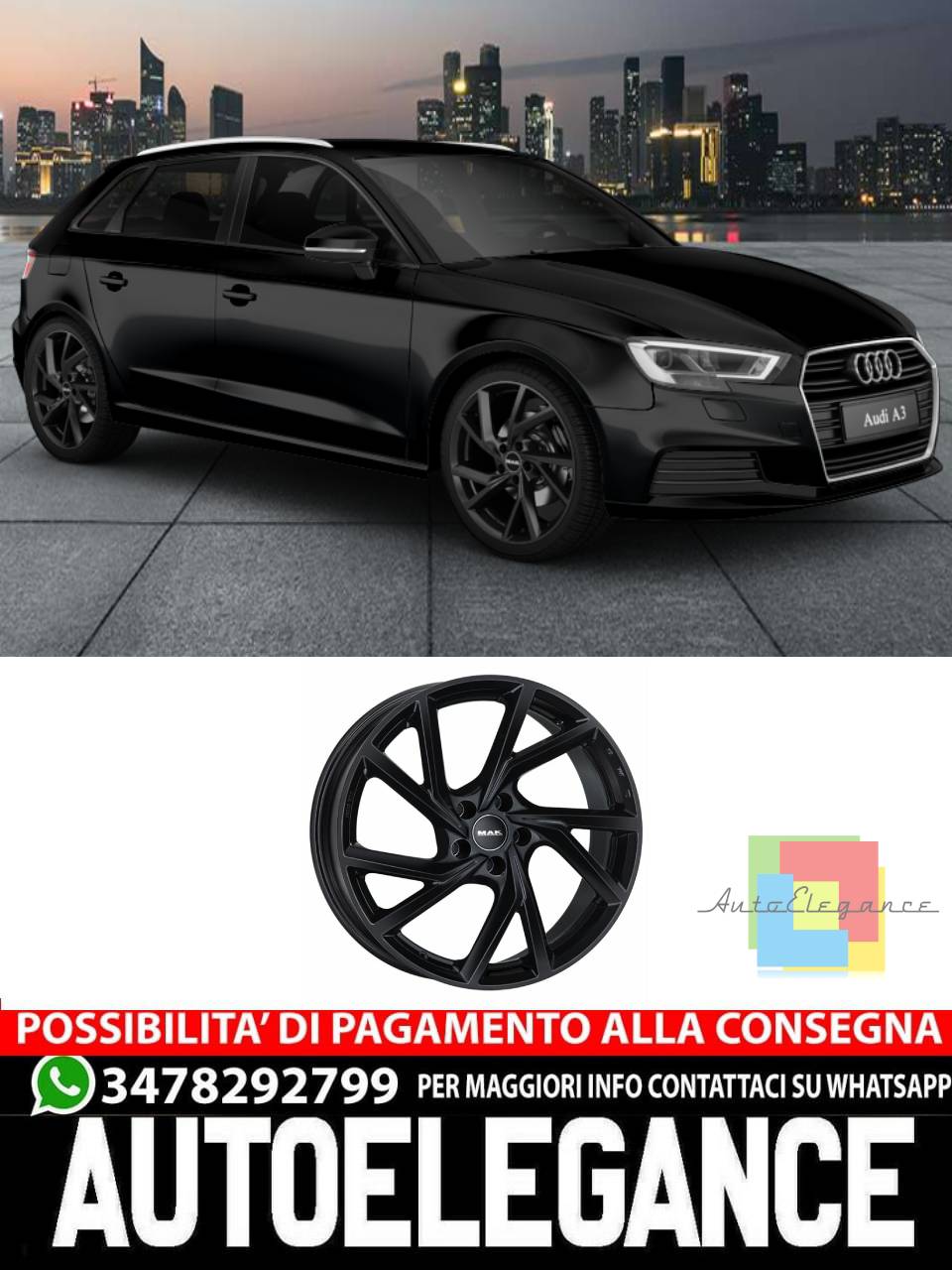 CERCHI CERCHIO IN LEGA 17" 18" 19" 20" Adatto per AUDI A3 MAK KASSEL NERO