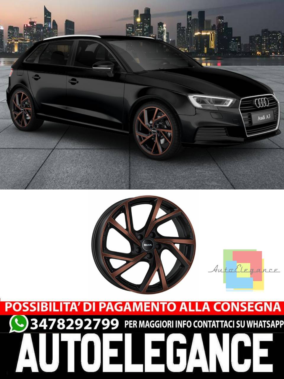 CERCHI CERCHIO IN LEGA 17" 18" 19" 20" Adatto per AUDI A3 MAK KASSEL NERO