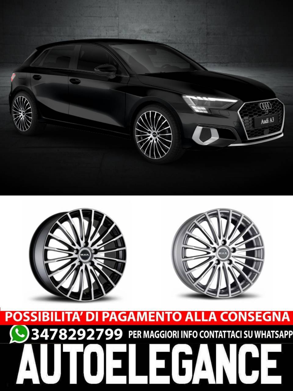CERCHI CERCHIO IN LEGA 17" 18" 19" Adatto per AUDI A3 MAK FATALE NERO