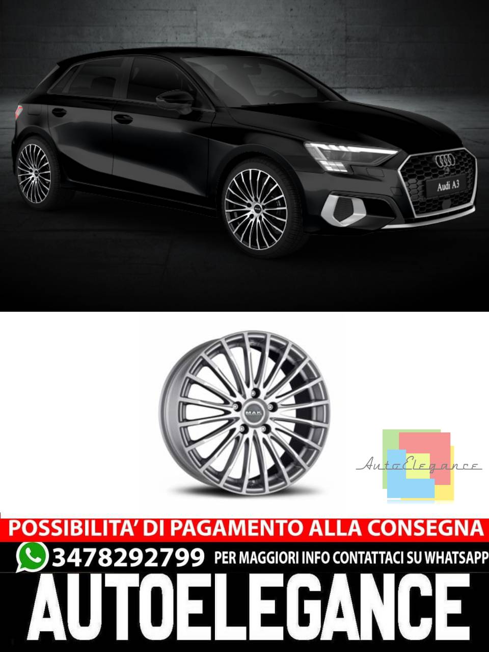 CERCHI CERCHIO IN LEGA 17" 18" 19" Adatto per AUDI A3 MAK FATALE NERO
