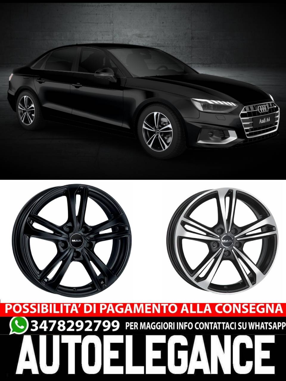 CERCHI CERCHIO IN LEGA 16" 17" 18" Adatto per AUDI A4 MAK EMBLEMA NERO LUCIDO