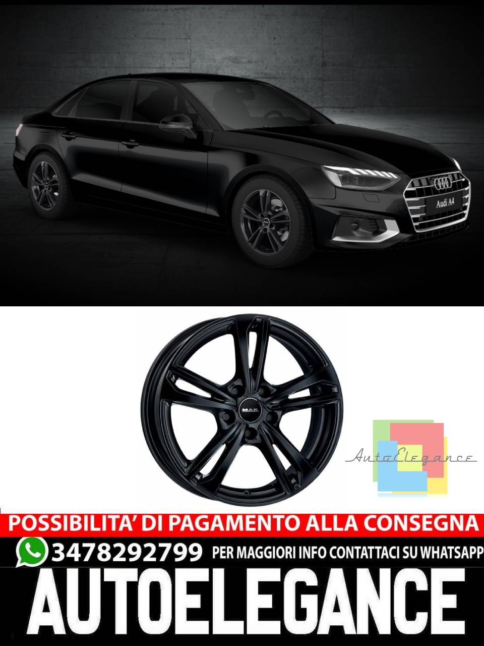CERCHI CERCHIO IN LEGA 16" 17" 18" Adatto per AUDI A4 MAK EMBLEMA NERO LUCIDO