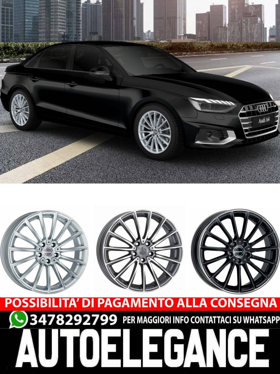 CERCHI CERCHIO IN LEGA 17" 18" 19" Adatto per AUDI A4 MAK KOMET NERO SILVER