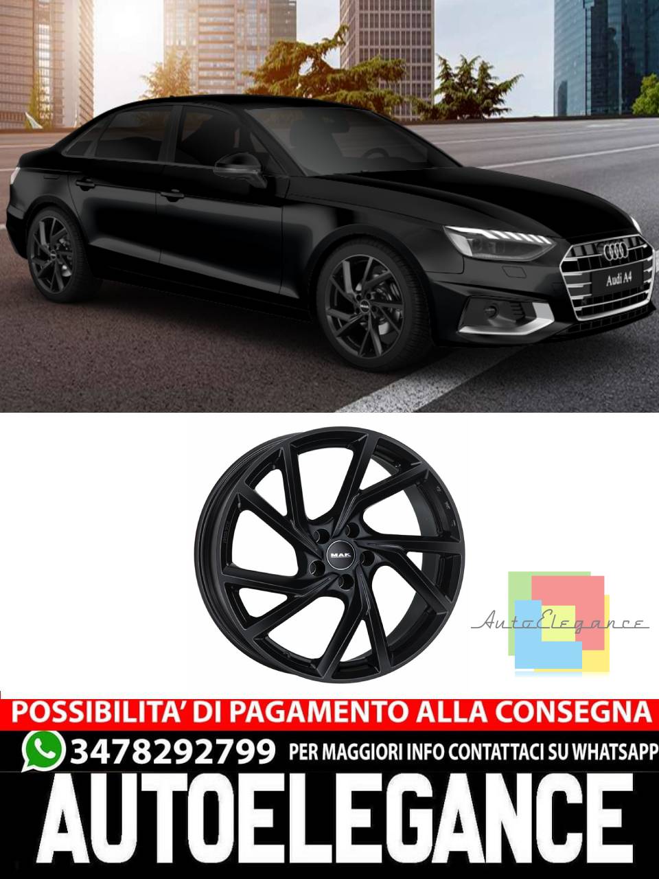 CERCHI CERCHIO IN LEGA 17" 18" 19" 20" Adatto per AUDI A4 MAK KASSEL NERO
