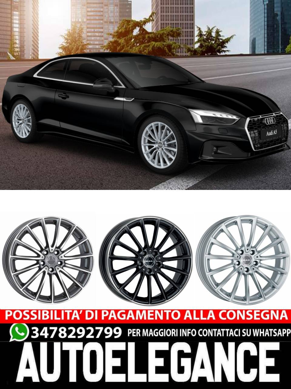 CERCHI CERCHIO IN LEGA 18" 19" Adatto per AUDI A5 MAK KOMET NERO LUCIDO SILVER