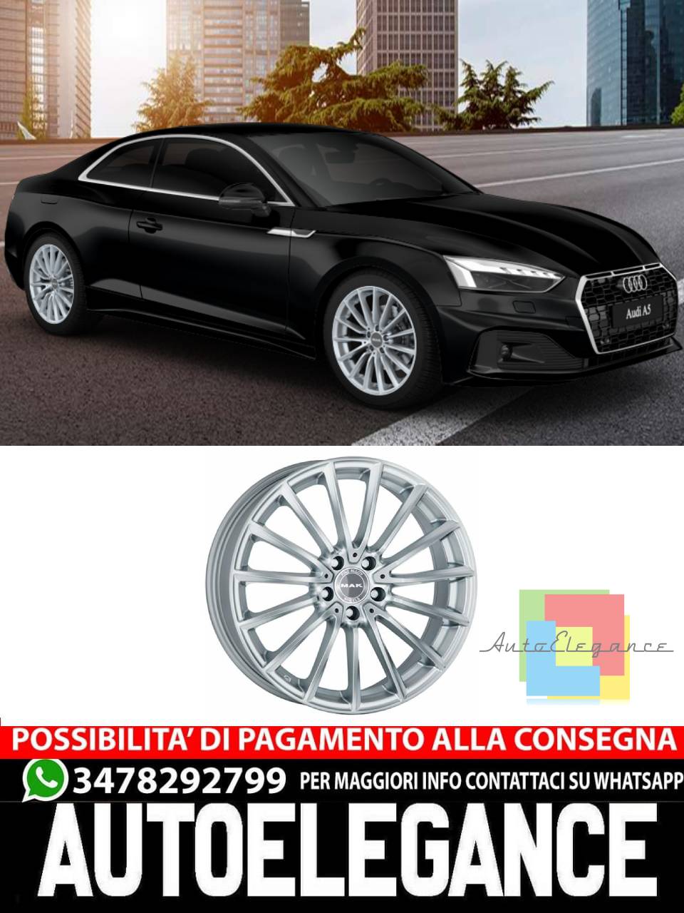 CERCHI CERCHIO IN LEGA 18" 19" Adatto per AUDI A5 MAK KOMET NERO LUCIDO SILVER