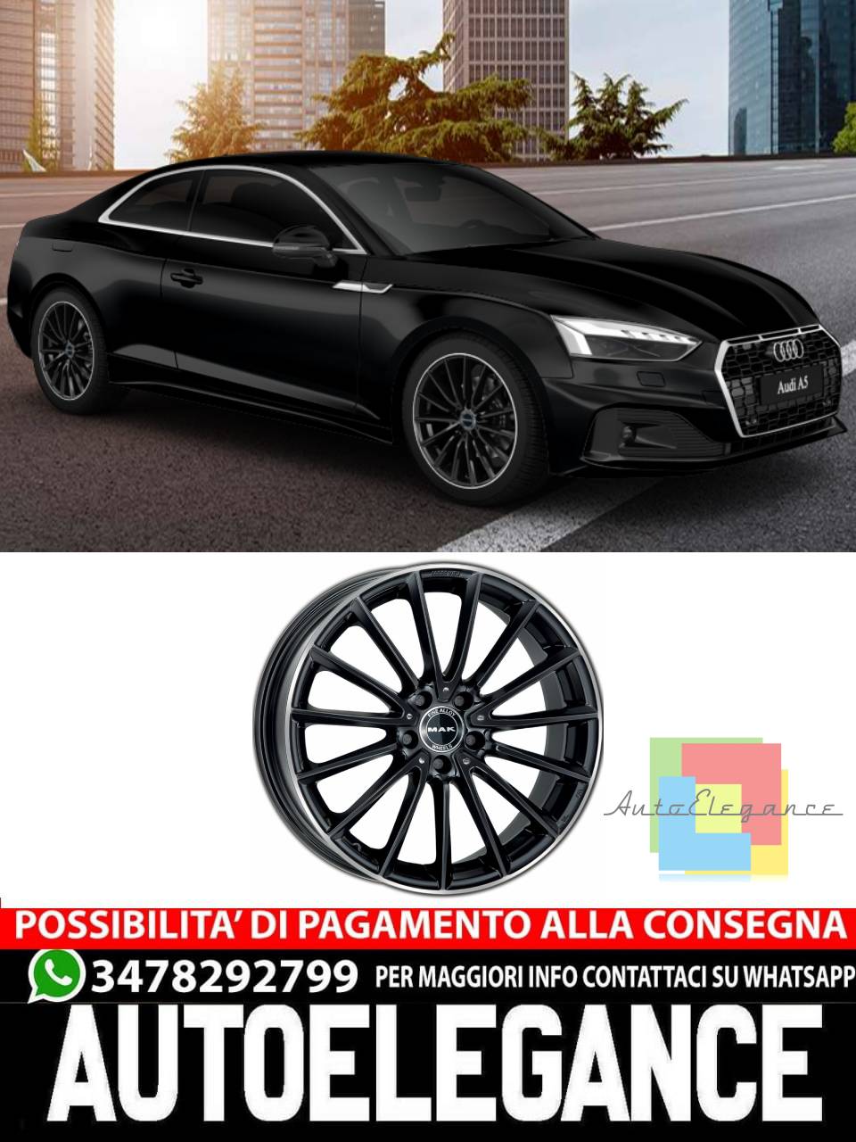 CERCHI CERCHIO IN LEGA 18" 19" Adatto per AUDI A5 MAK KOMET NERO LUCIDO SILVER