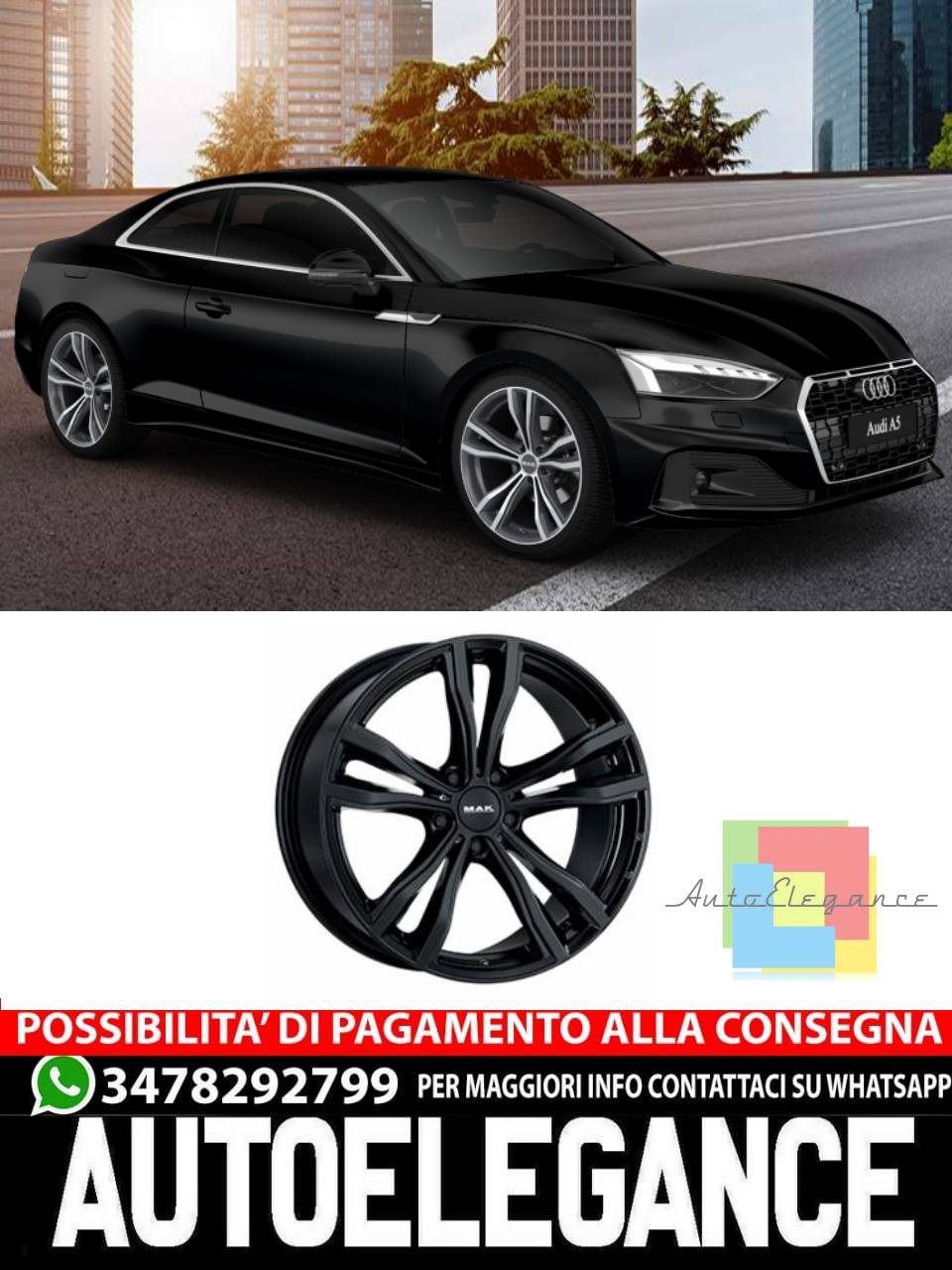 CERCHI CERCHIO IN LEGA 20" Adatto per AUDI A5 MAK X-MODE NERO LUCIDO