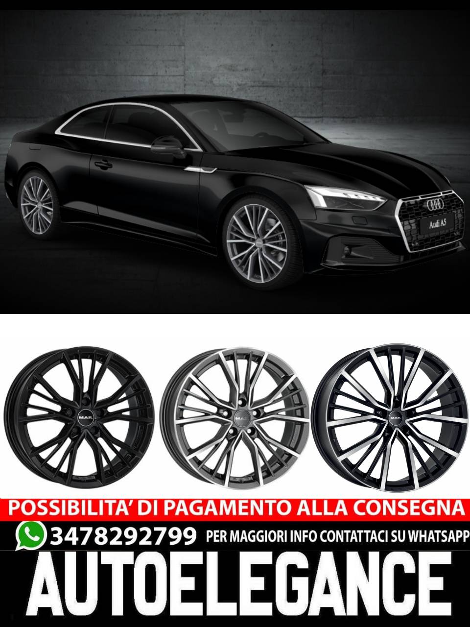 CERCHI CERCHIO IN LEGA 17" 18" 20" Adatto per AUDI A5 MAK UNION NERO