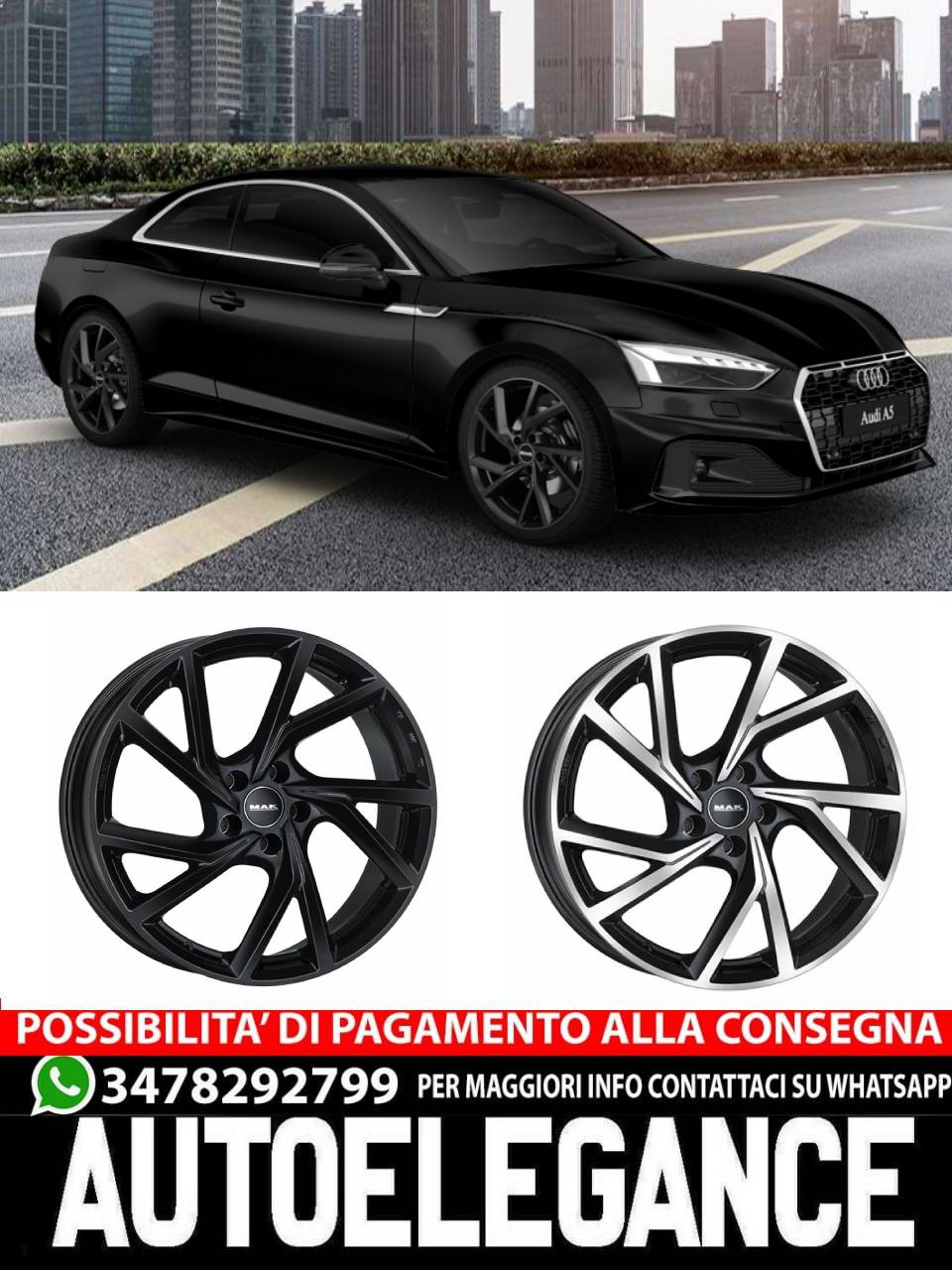 CERCHI CERCHIO IN LEGA 17" 18" 19" 20" Adatto per AUDI A5 MAK KASSEL NERO LUCIDO