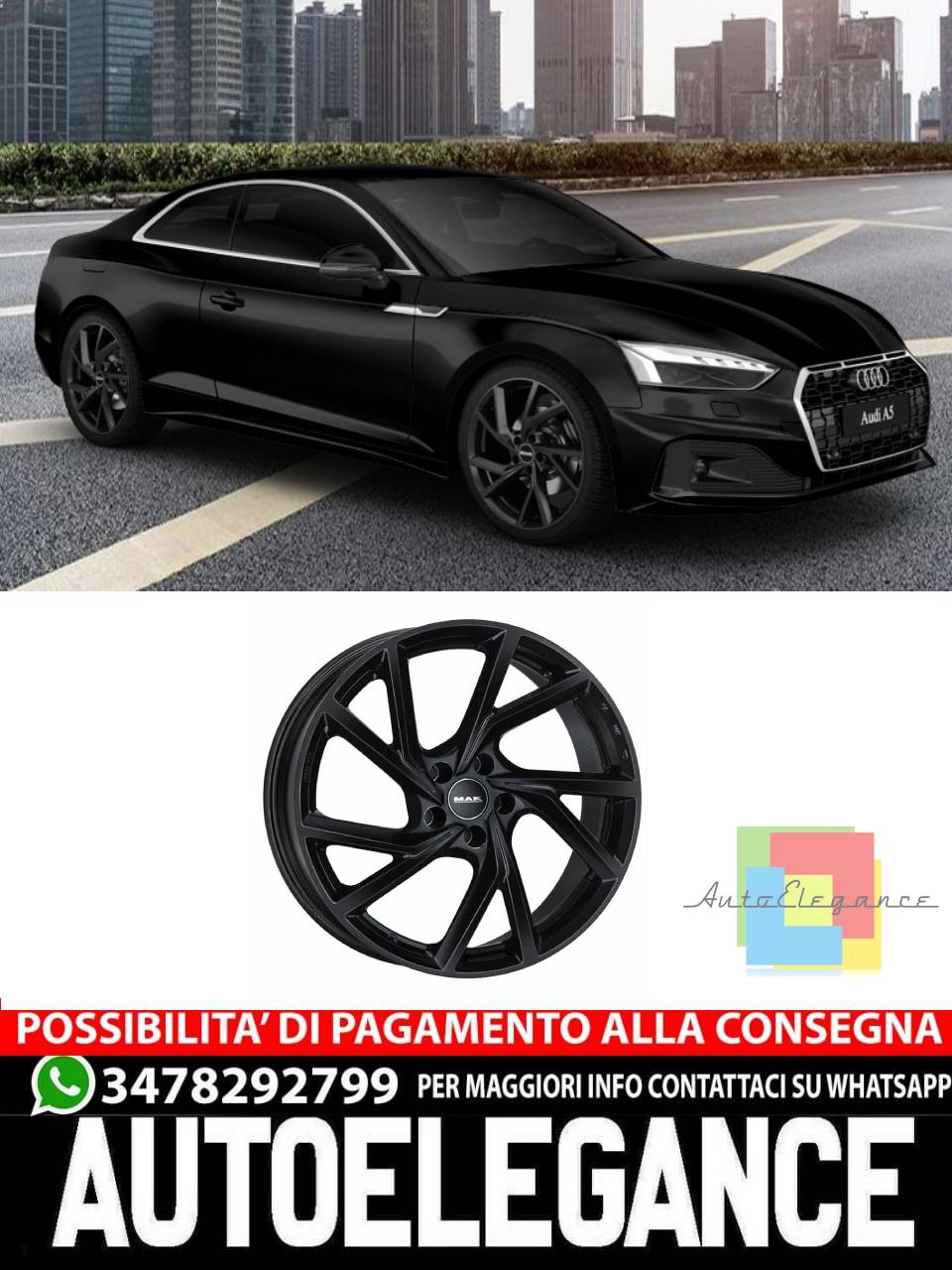 CERCHI CERCHIO IN LEGA 17" 18" 19" 20" Adatto per AUDI A5 MAK KASSEL NERO LUCIDO