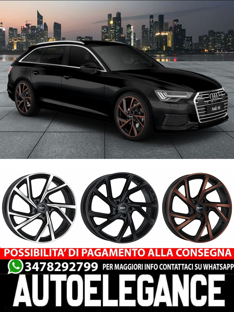 CERCHI CERCHIO IN LEG 17" 18"19" 20" Adatto per AUDI A6 MAK KASSEL NERO LUCIDO