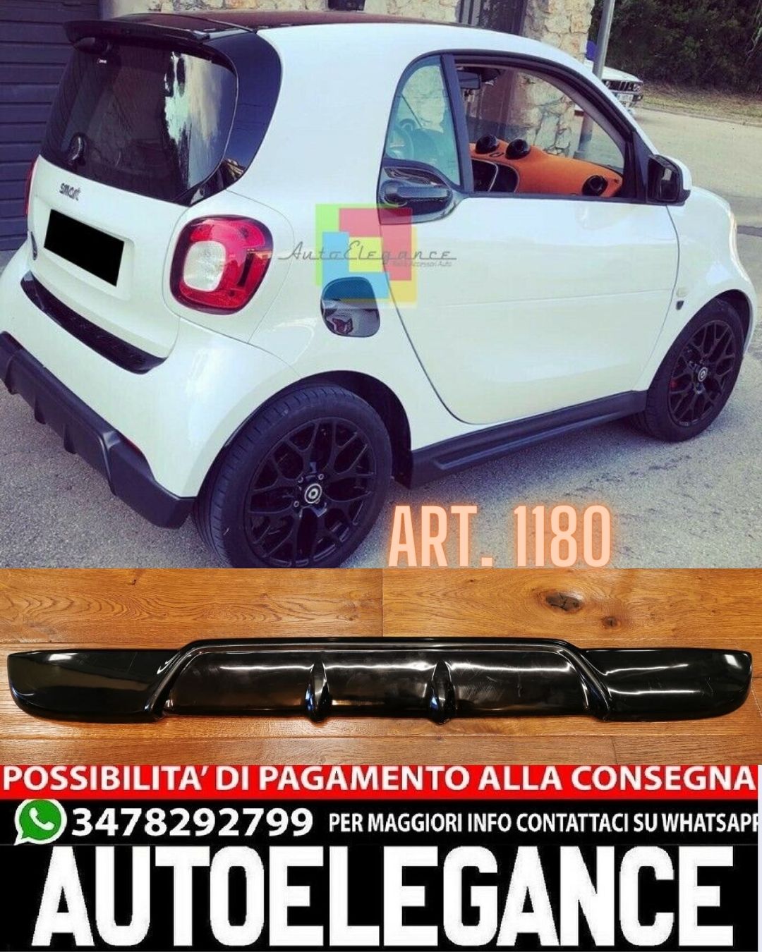 DIFFUSORE ADATTO PER SMART FORTWO 453 LOOK STANDARD NERO LUCIDO DESIGN SPORTIVO