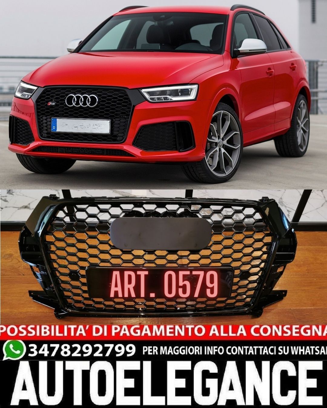 GRIGLIA ANTERIORE ADATA PER AUDI Q3 2016-2019 LOOK RSQ3 BORDO NERO NIDO D'APE