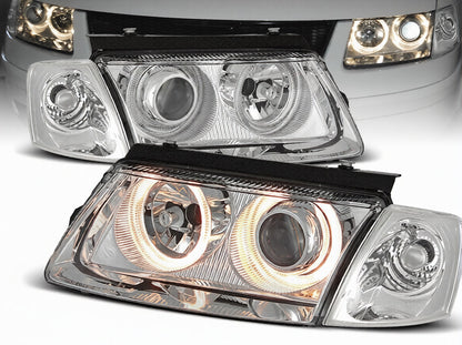 💫ART.7423 FARI ANTERIORI "ANGEL EYES" CROMATI per VW PASSAT B5 3B 96-00💫