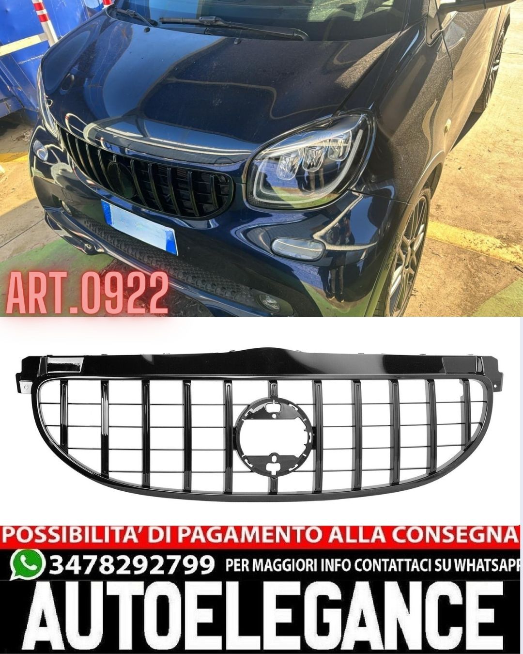 💎GRIGLIA ANTERIORE PER SMART 453 2014-2018 FORTWO LOOK GT NERO LUCIDO💎