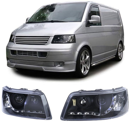 Coppia Fari H1/H1 Nero Smoke LED DRL VW T5 Transporter 2003-2009