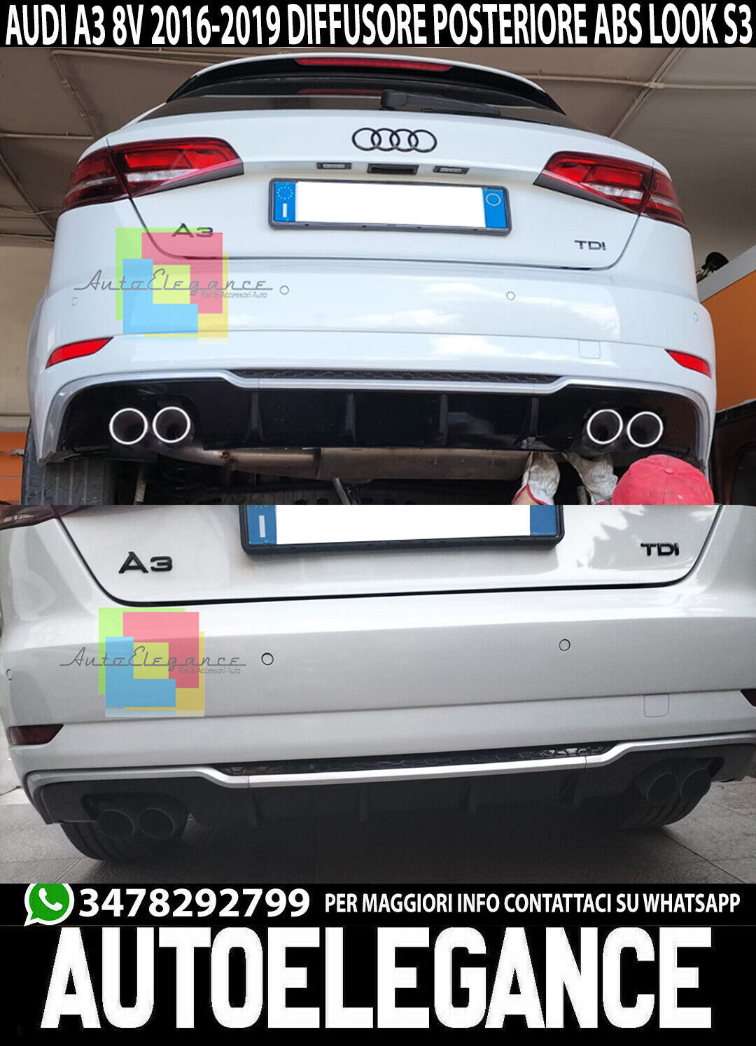 DIFFUSER SUITABLE FOR AUDI A3 8V 2017-2020 SPORTBACK STANDARD BUMPER S3 LOOK