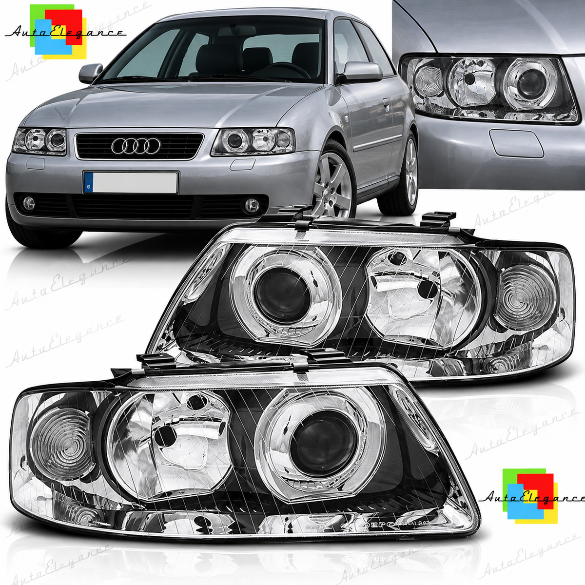FARI ANTERIORI CROMATI ADATTI PER AUDI A3 09.00-05.03