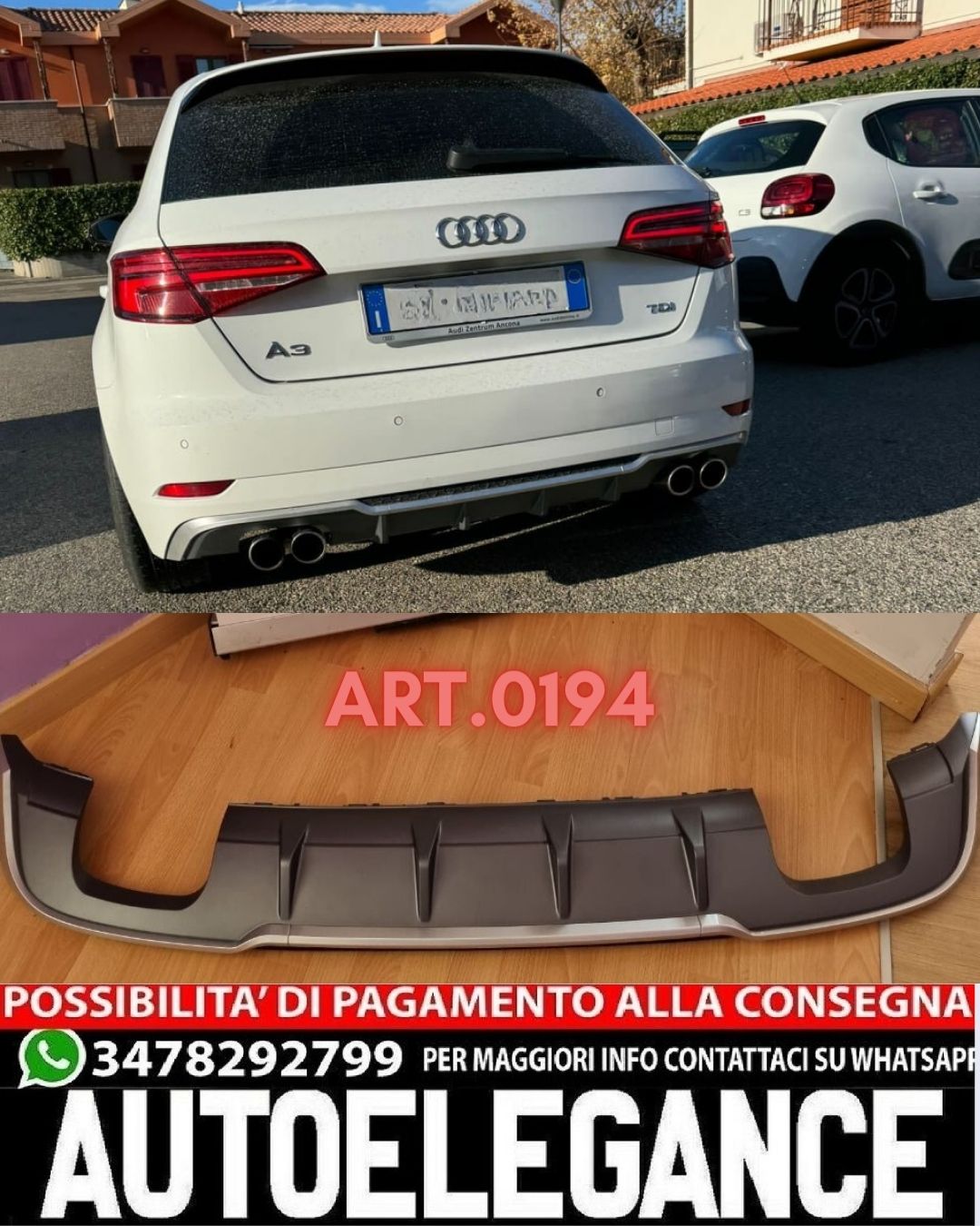 DIFFUSER SUITABLE FOR AUDI A3 8V 2017-2020 SPORTBACK STANDARD BUMPER S3 LOOK