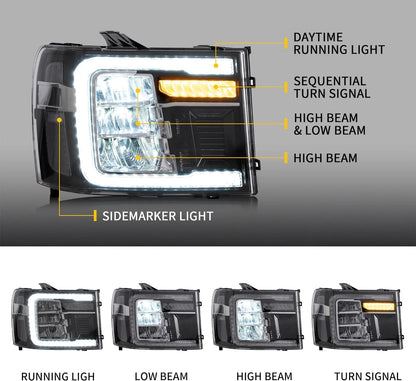 LED Headlights for GMC Sierra 1500 2500HD 3500HD 2007-2013 with Dynamic DRL 