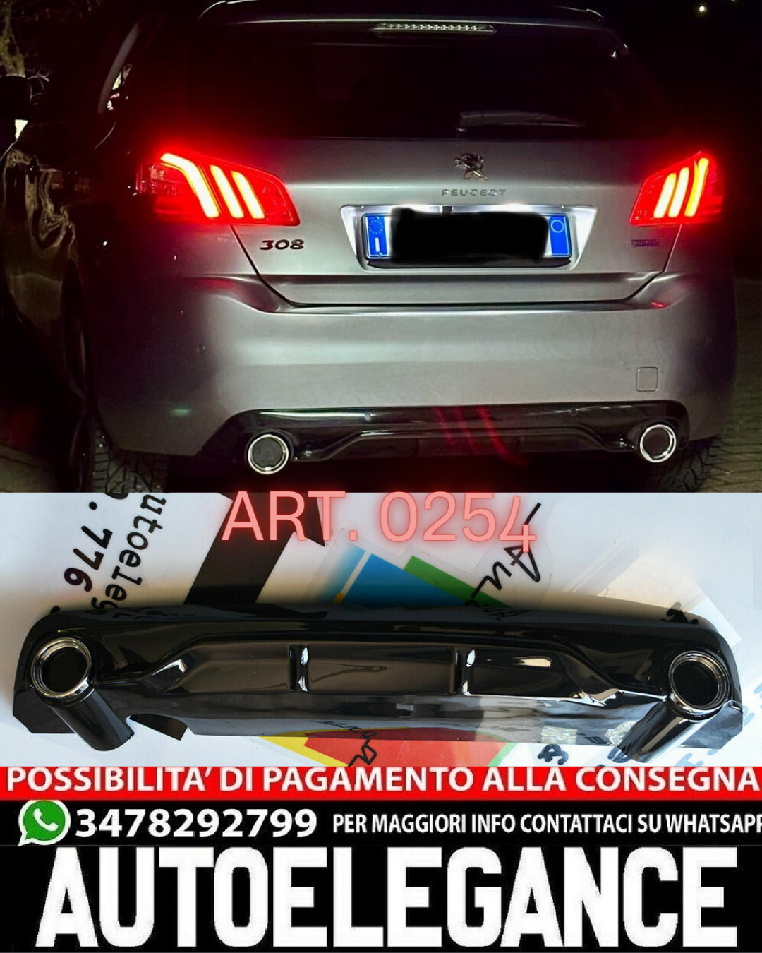 DIFFUSORE ADATTO PER PEUGEOT 308 II 5 PORTE 2013-2021 LOOK GTI NERO LUCIDO