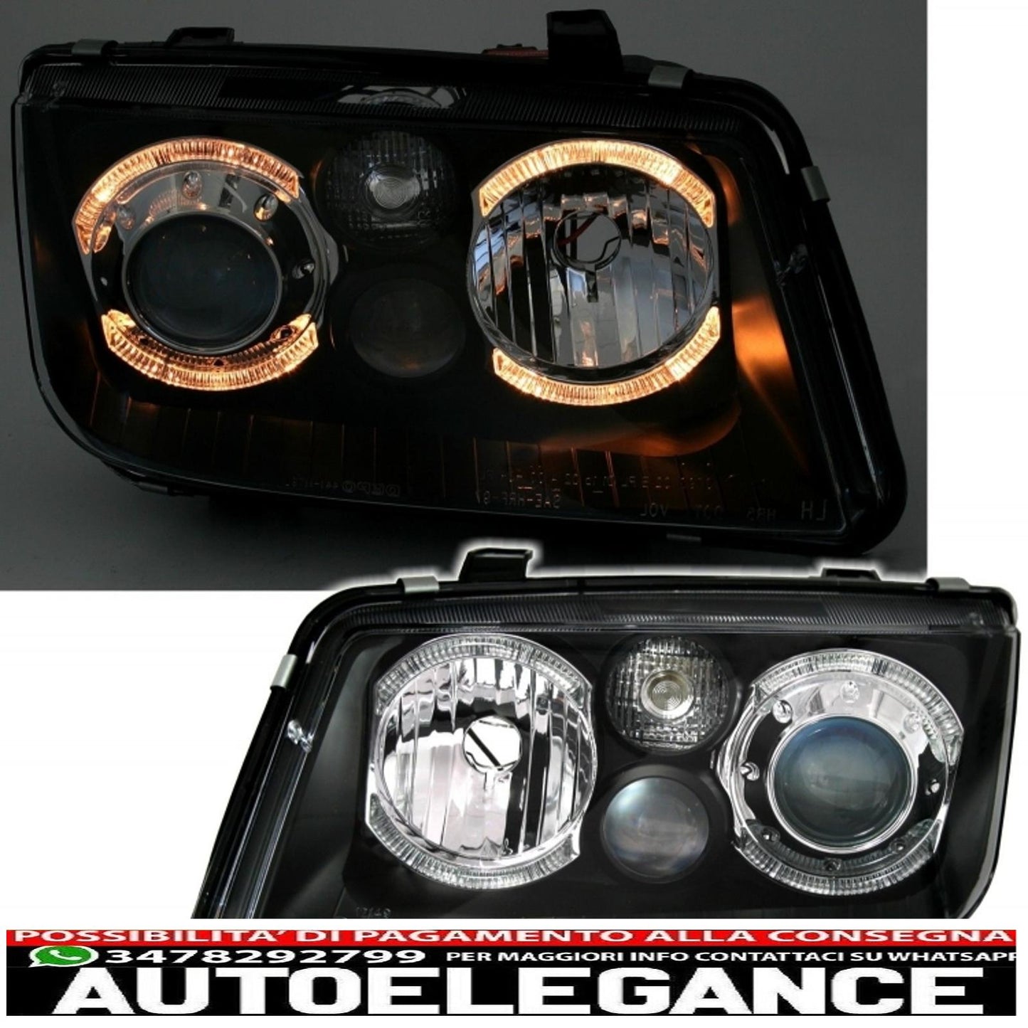 led angel eye headlights suitable for vw bora (09.1998-07.2005) 2 black halo rims 