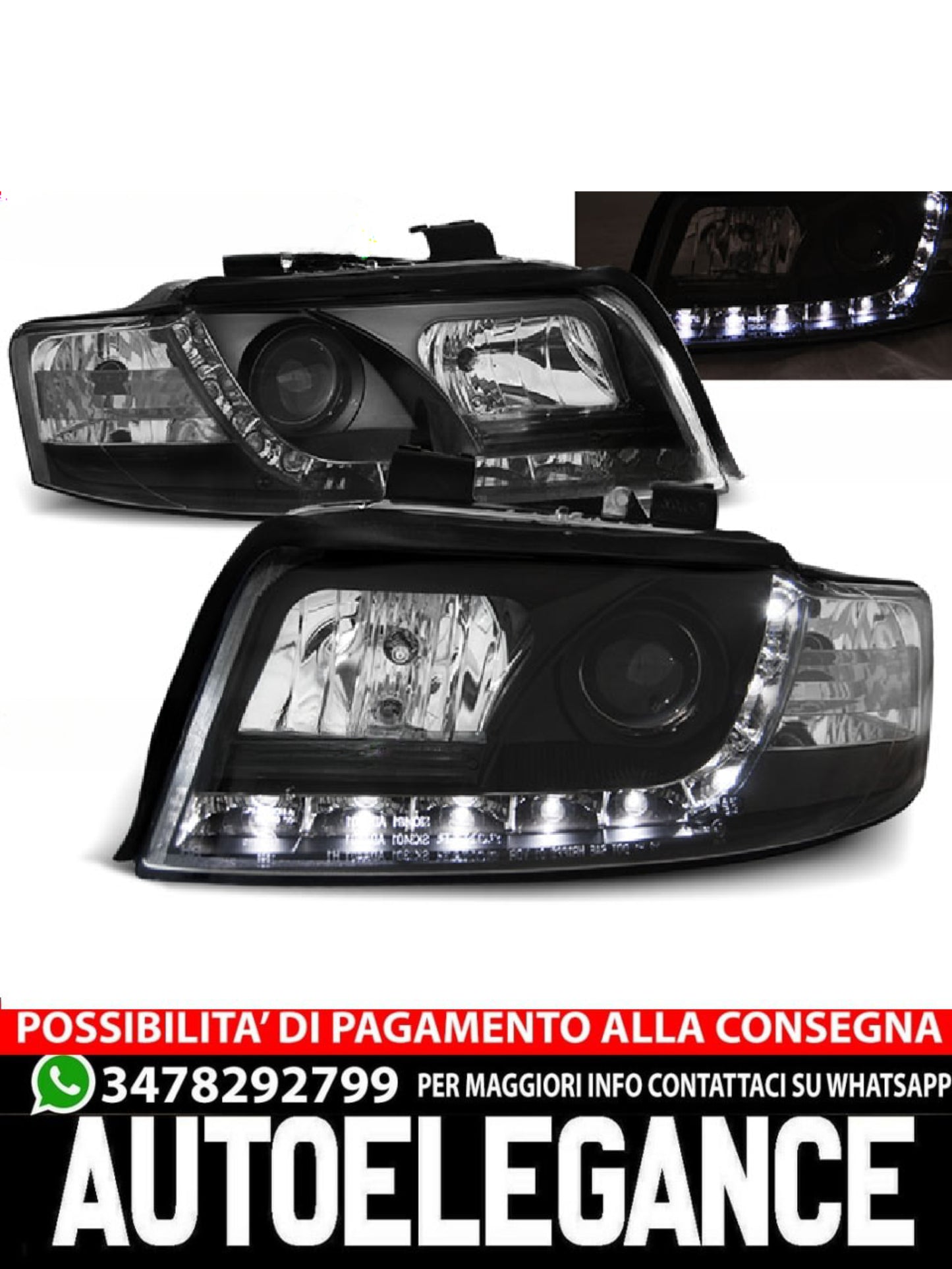 FARI ANTERIORI DAYLIGHT NERO ADATTI COMPATIBILI  PER  AUDI A4 10.00-10.04