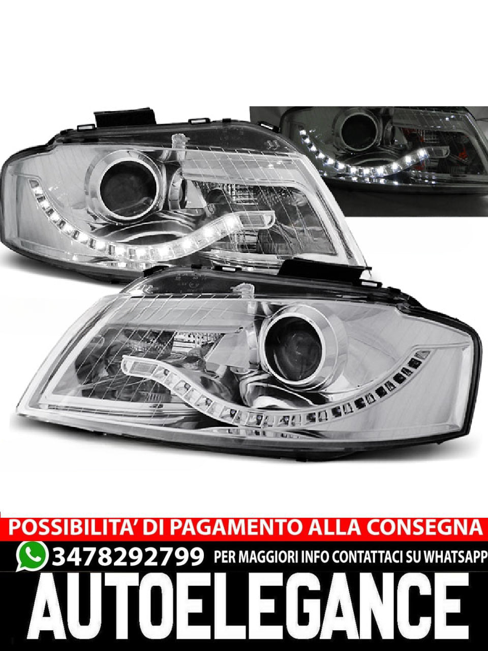 FARI ANTERIORI DAYLIGHT CHROME ADATTI COMPATIBILI per AUDI A3 8P 05.03-03.08