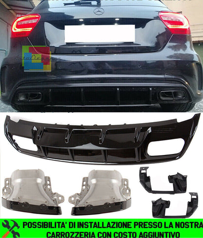 MERCEDES A-CLASS W176 UNDER BUMPER DIFFUSER + BLACK TIPPER AMG A45 .-