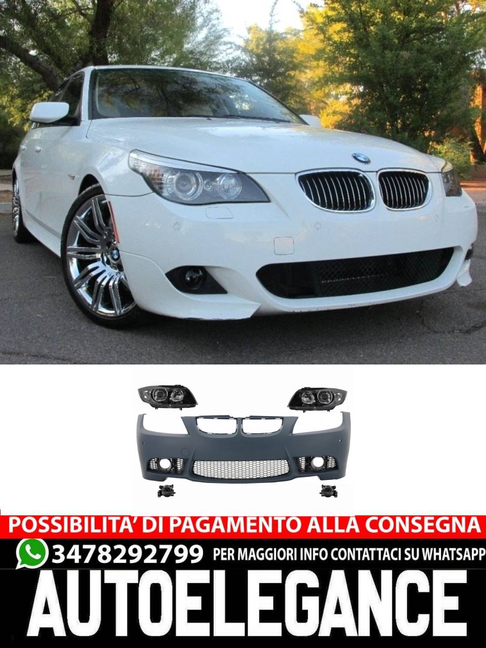 Black Front Bumper and Headlights Fits for BMW 3 Series E90 E91 Pre-LCI 2005-2008 