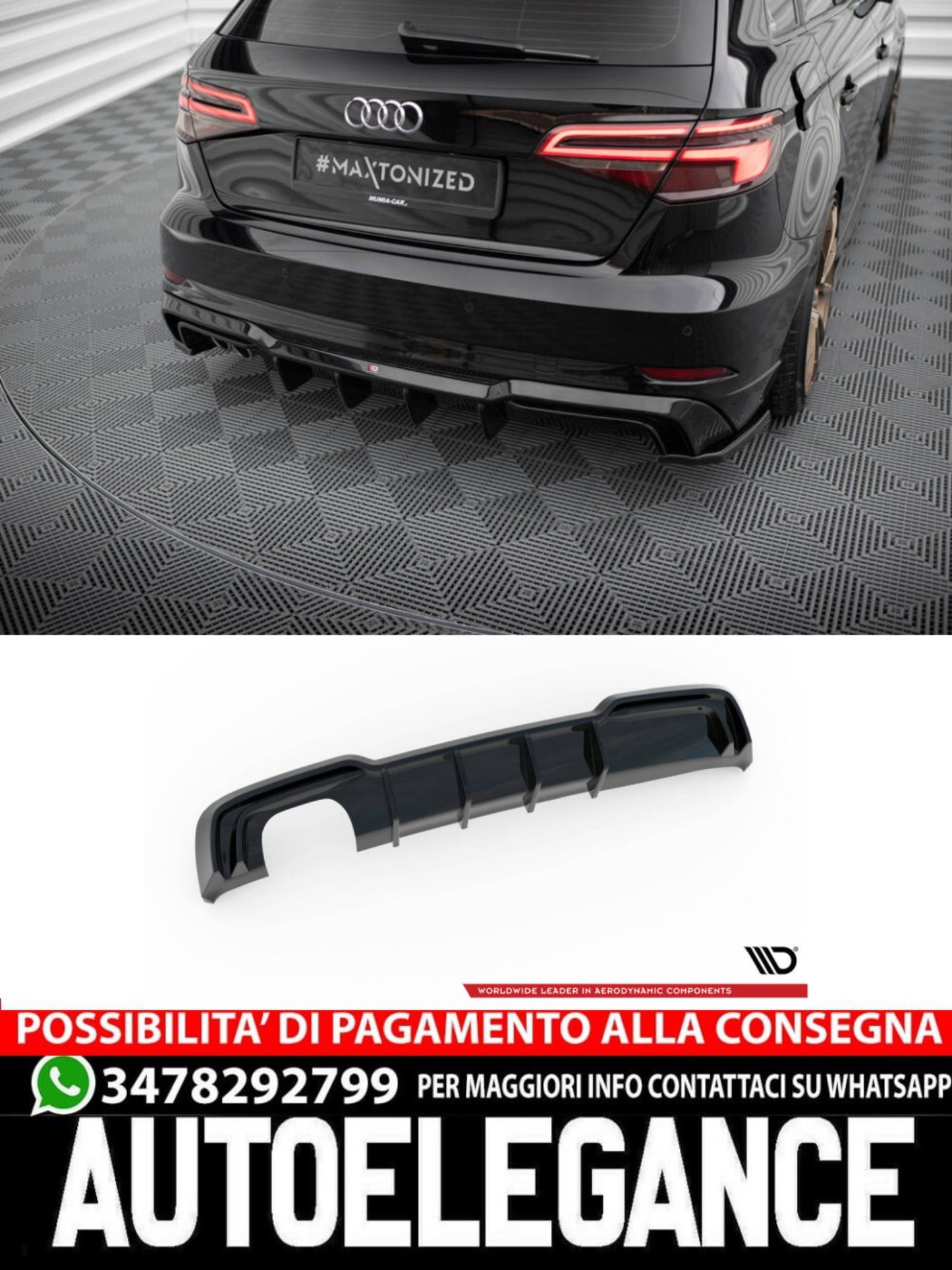 DIFFUSORE POSTERIORE adatto per AUDI A3 S-LINE SPORTBACK 8V FACELIFT (2016 - 2020)