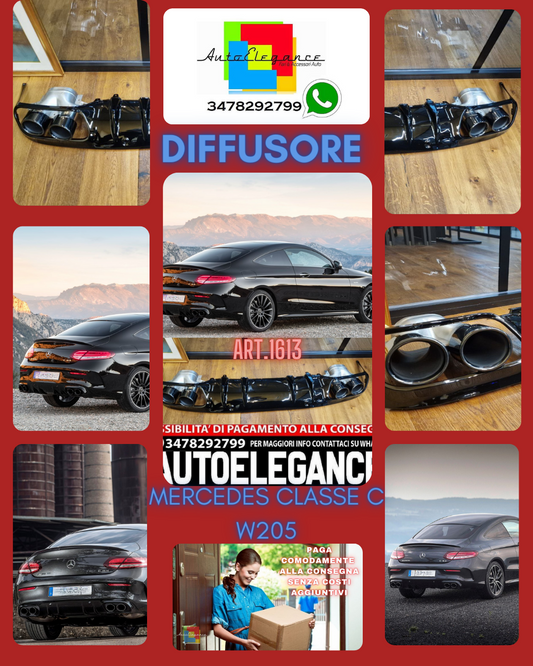 DIFFUSORE ADATTO PER CLASSE C C205 COUPE 2015-2020 AMG LOOK C43 + TERMINALI NERI