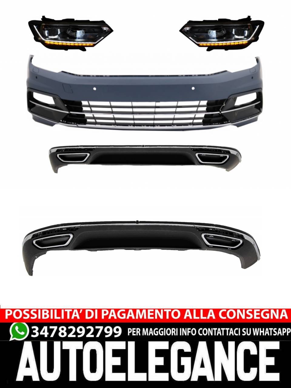 Front and rear bumper with headlights and diffuser suitable for VW Passat B8 3G 