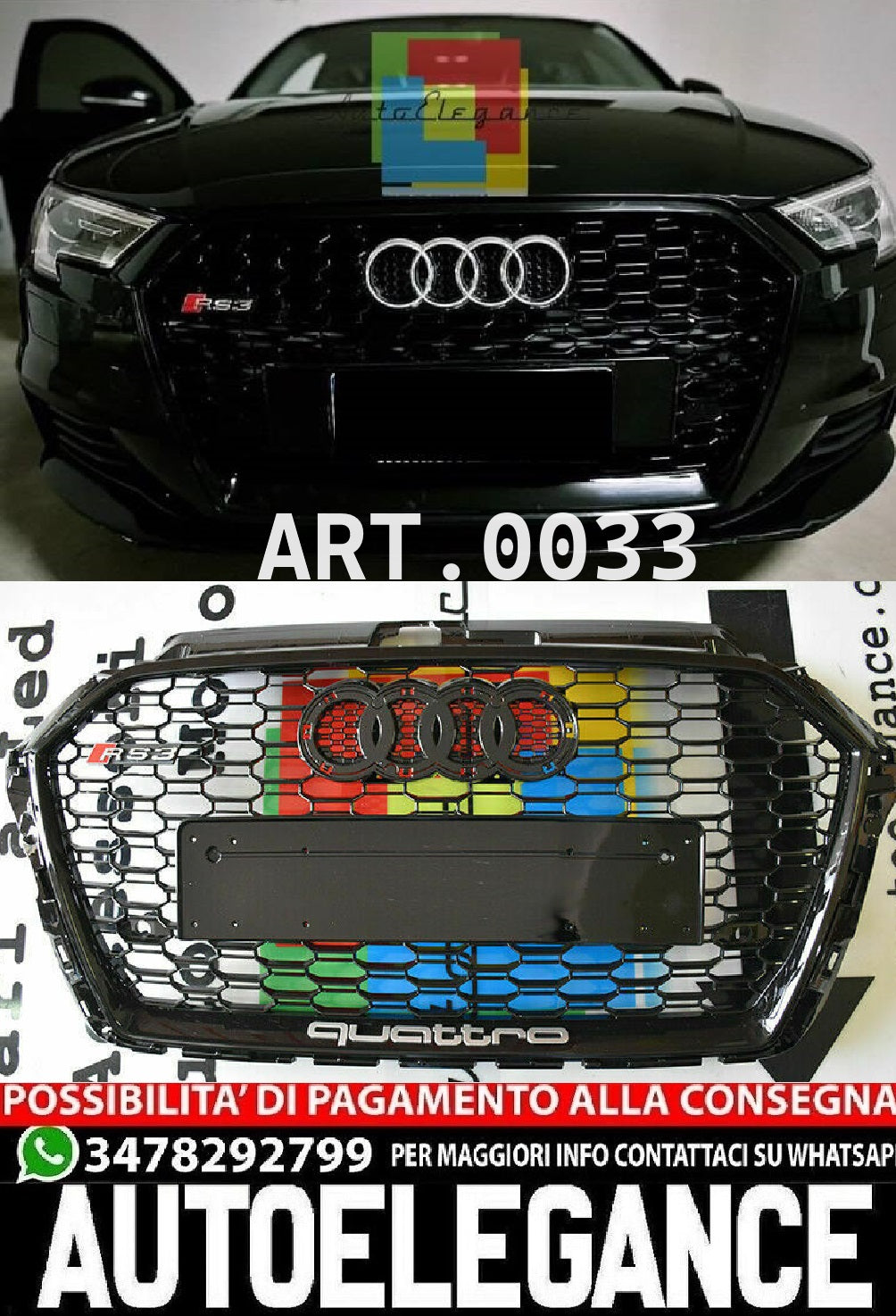 GRILLE SUITABLE FOR AUDI A3 8V 2017-2020 RS3 LOOK GLOSSY BLACK