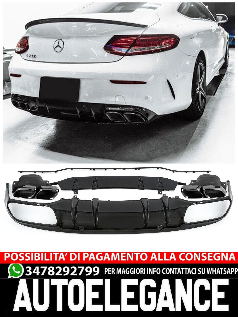 DIFFUSORE POSTERIORE + SCARICO (NERO) CON LOOK C63 AMG PER MERCEDES A205 C205