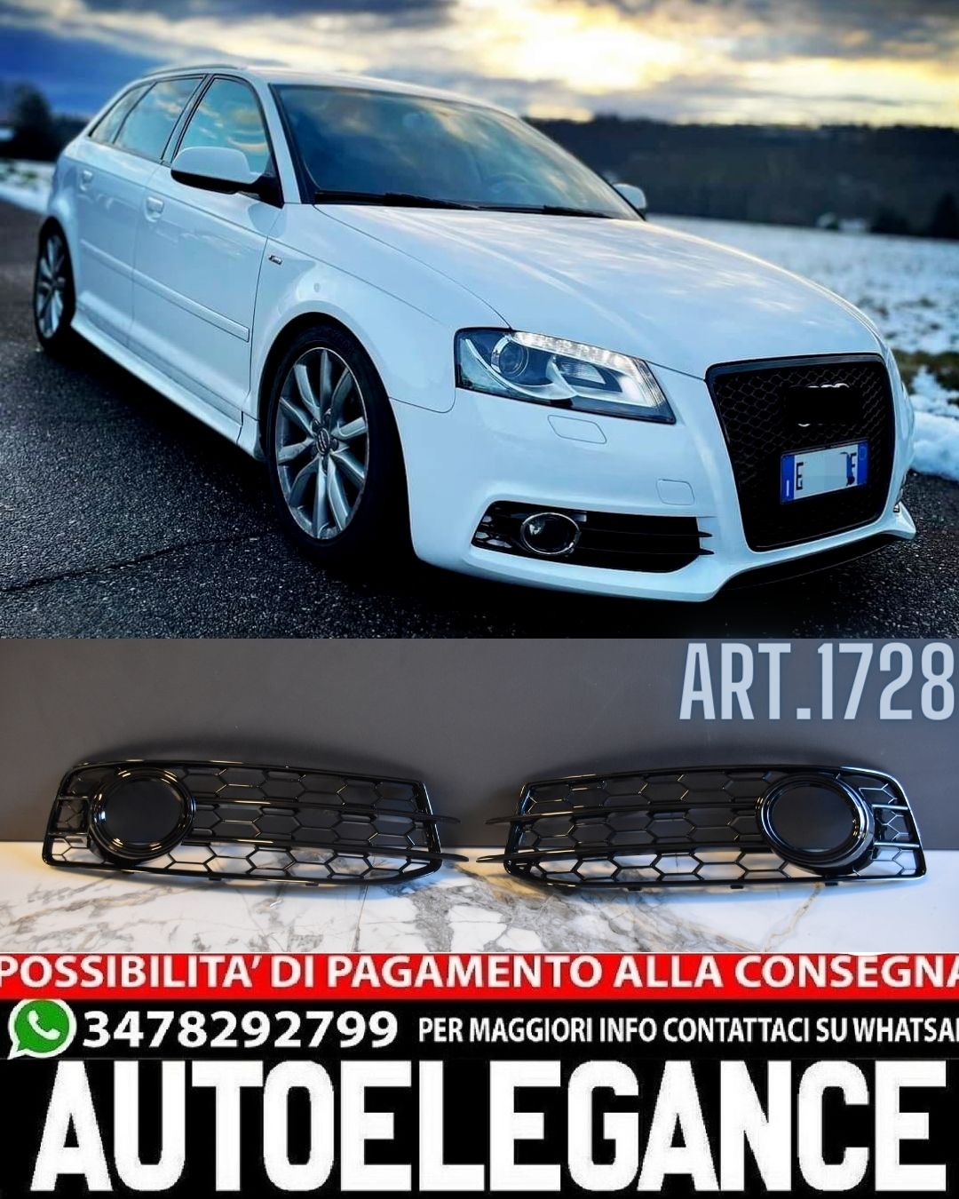 GRIGLIE FENDINEBBIA ADATTE PER AUDI A3 8P 2008-2012 SLINE LOOK RS3 NERO LUCIDO