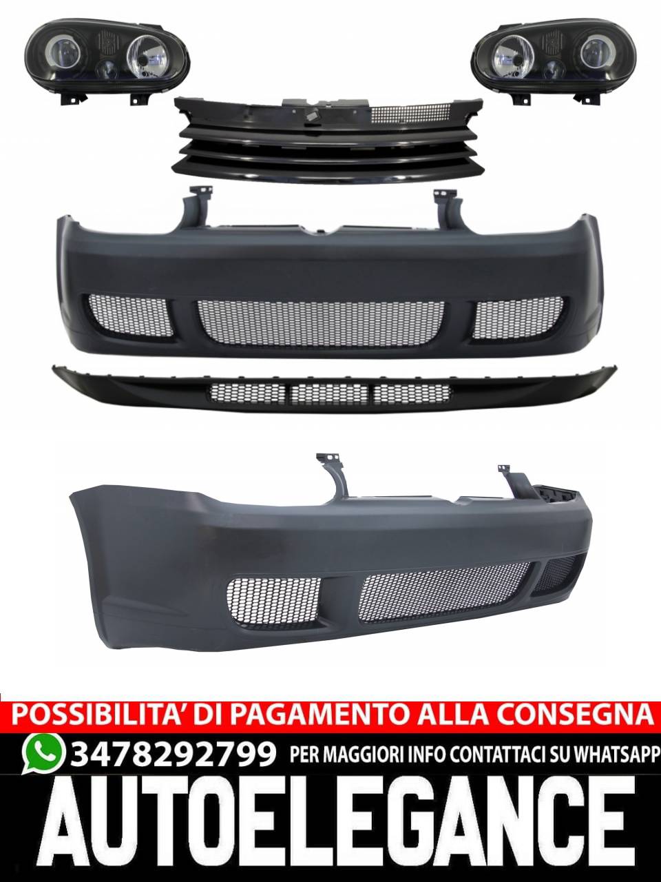 Paraurti anteriore + Griglia e Fari  adatto per VW Golf IV 4 MK4 10.1997-09.2003