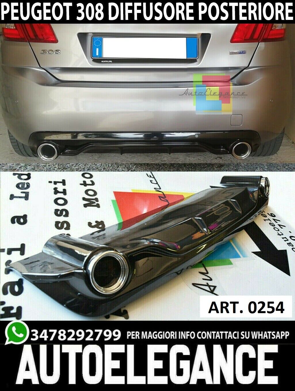 SOTTO PARAURTI POSTERIORE PEUGEOT 308 II DIFFUSORE GTI NERO LUCIDO ABS ., 0254