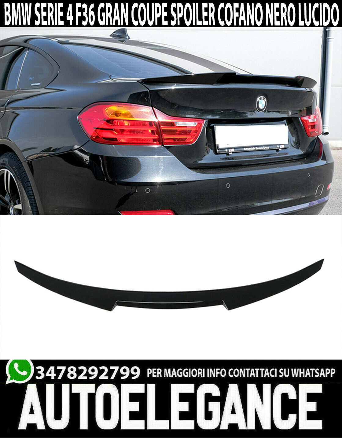 BMW SERIE 4 F36 2014+ SPOILER COFANO ALETTONE DESIGN M4 SPORTIVO ABS NERO IT AUTOELEGANCERICAMBI