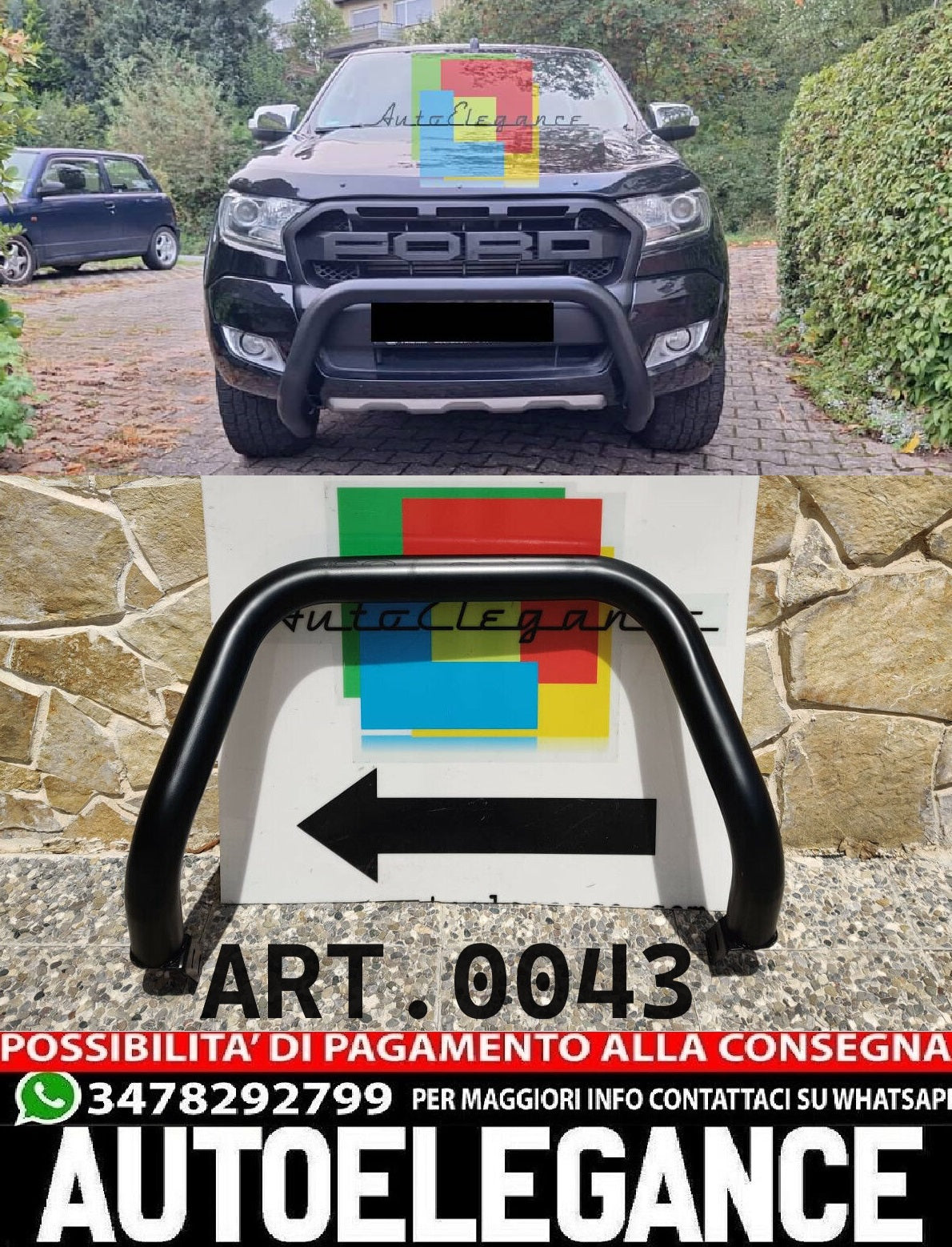 BULLBAR ADATTO PER FORD RANGER T6 2015+ NERO OPACO AUTOELEGANCERICAMBI