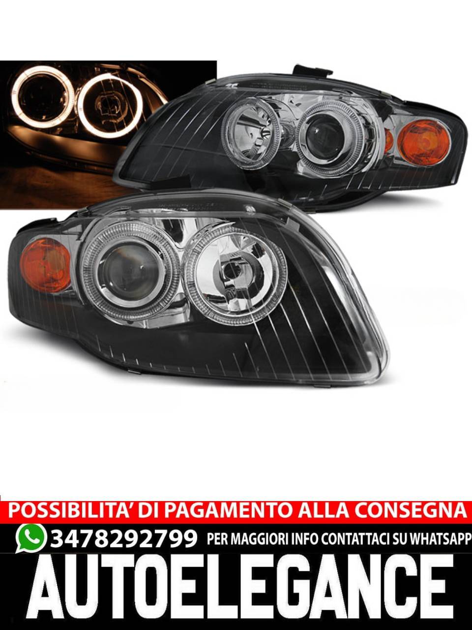 BLACK ANGEL EYES HEADLIGHTS for AUDI A4 B7 11.04-03.08 