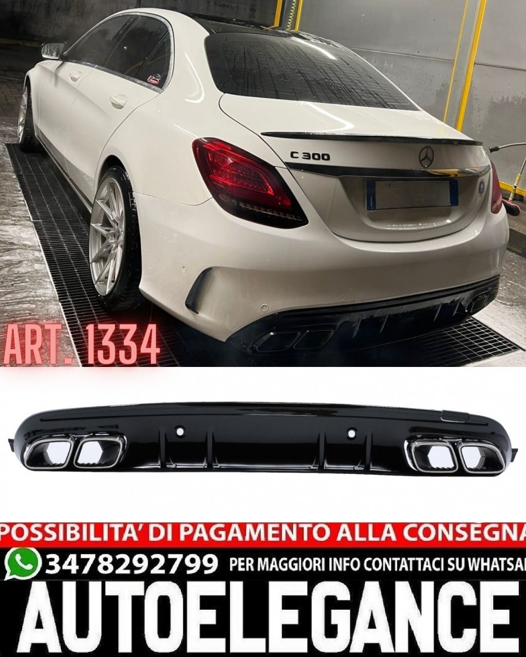 DIFFUSORE ADATTO PER MERCEDES CLASSE C W205 2014-2020 LOOK C63S NERO LUCIDO