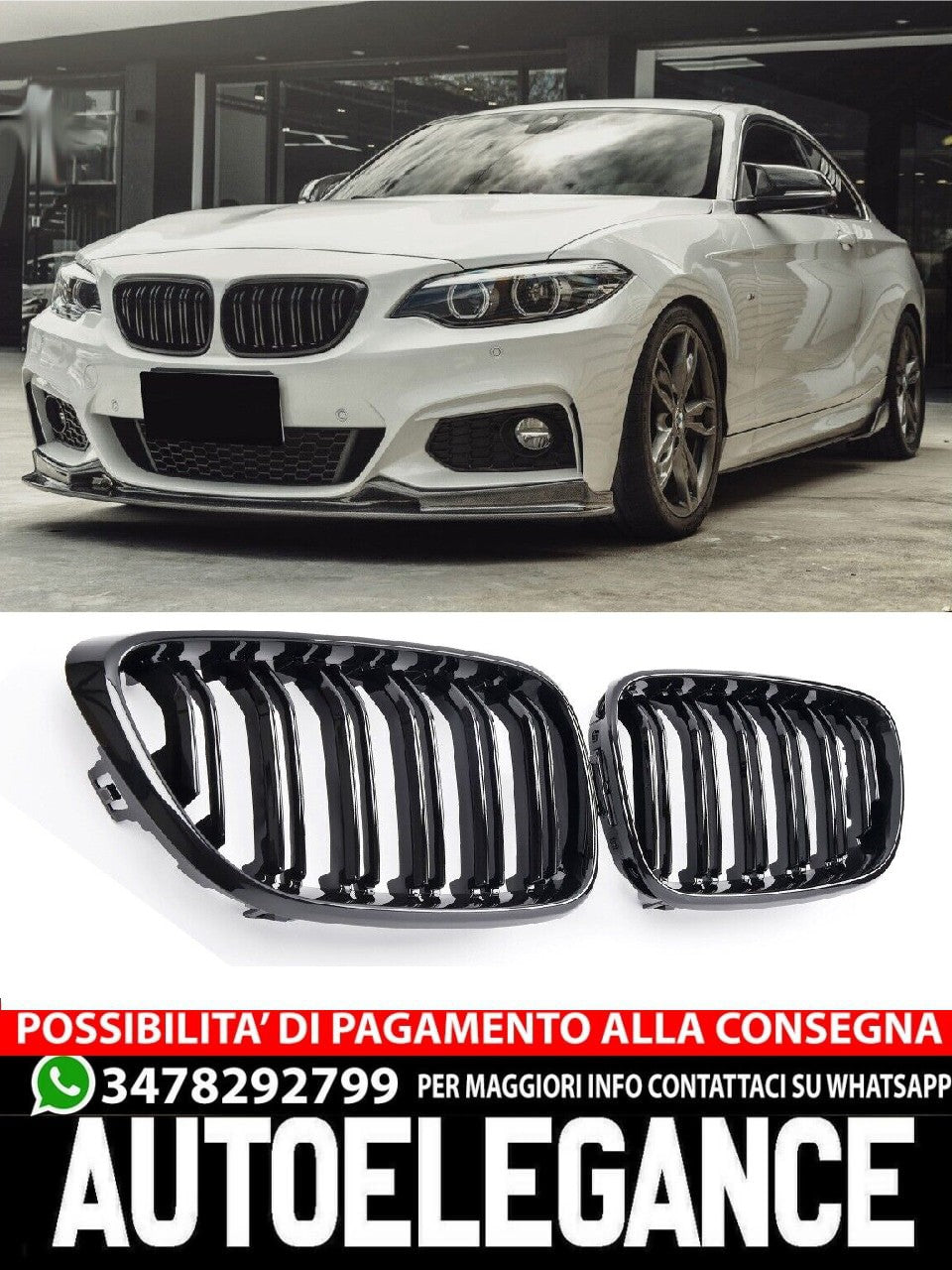 SUITABLE FOR BMW 2 SERIES F22 F23 F87 RADIATOR GRILLE DOUBLE STRIPE GLOSS BLACK