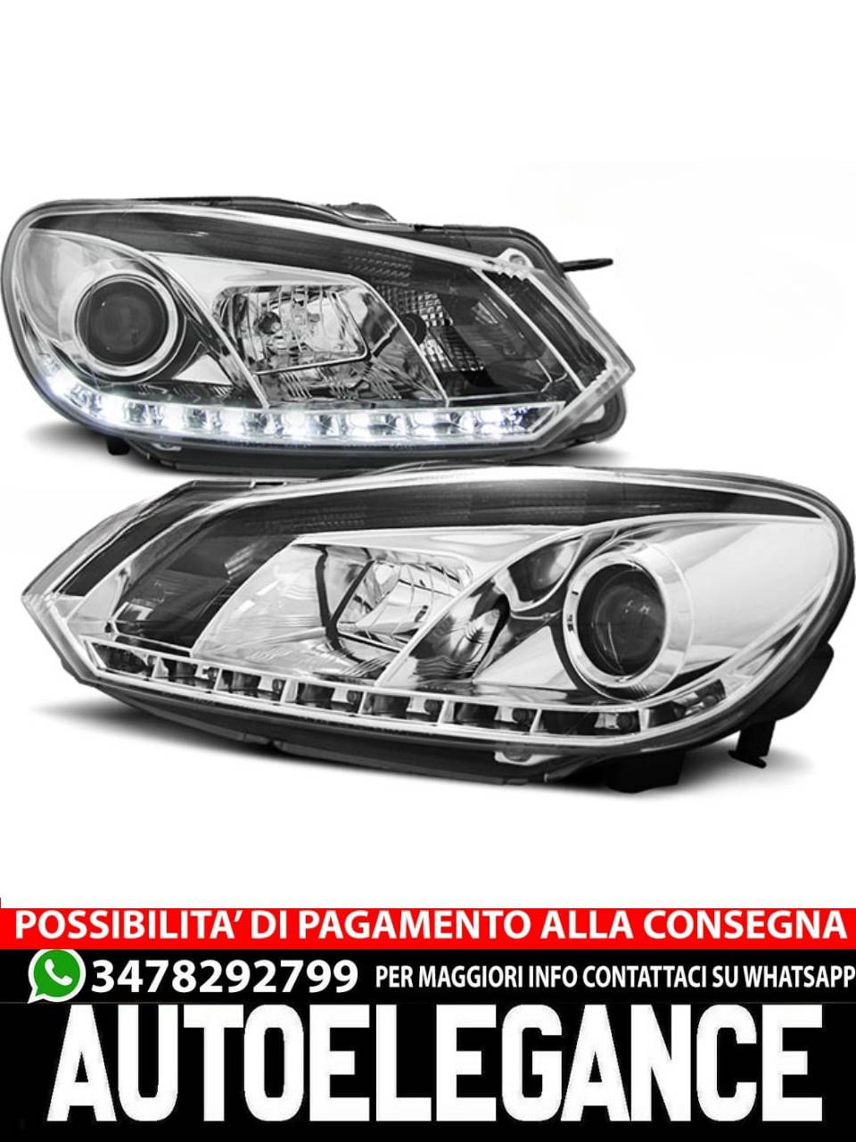FARI ANTERIORI TRUE DRL CROMATI per VW GOLF 6 10.08-12