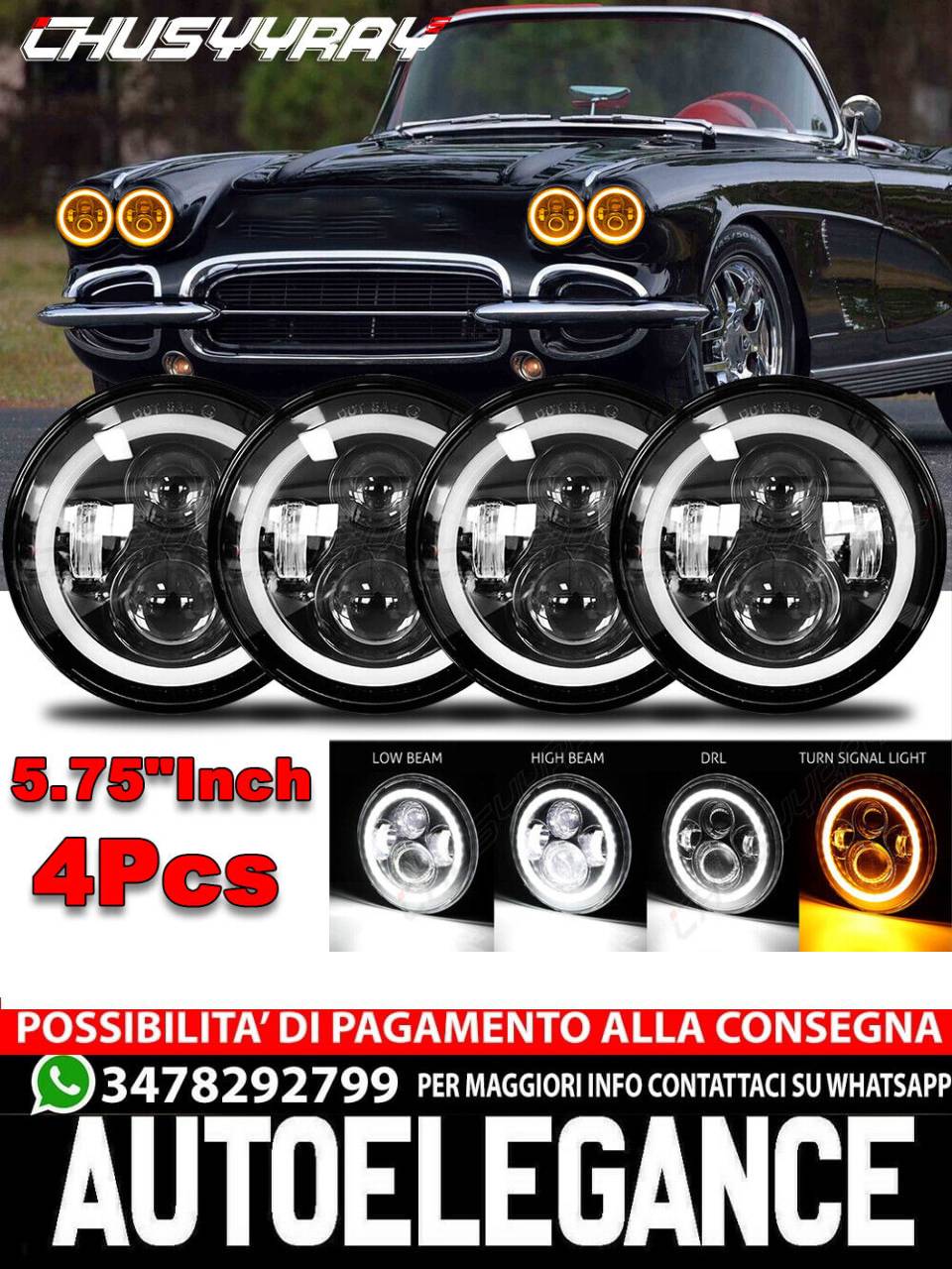 4x 5.75" 5-3/4 Halo LED Headlights Hi/Lo For Chevy Chevelle El Camino Impala 