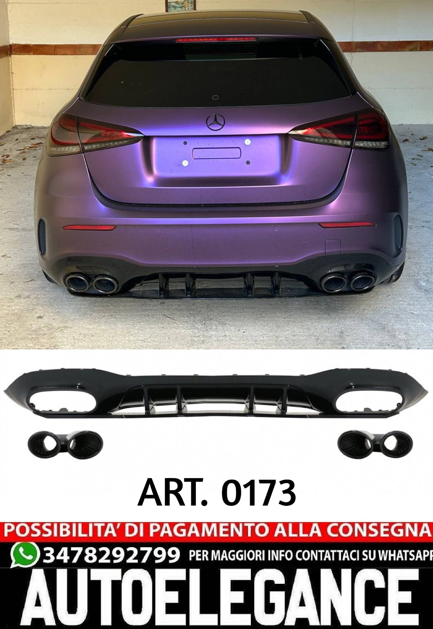 DIFFUSORE ADATTO PER MERCEDES CLASSE A W177 AMG + TERMINALI NERI LOOK A45S