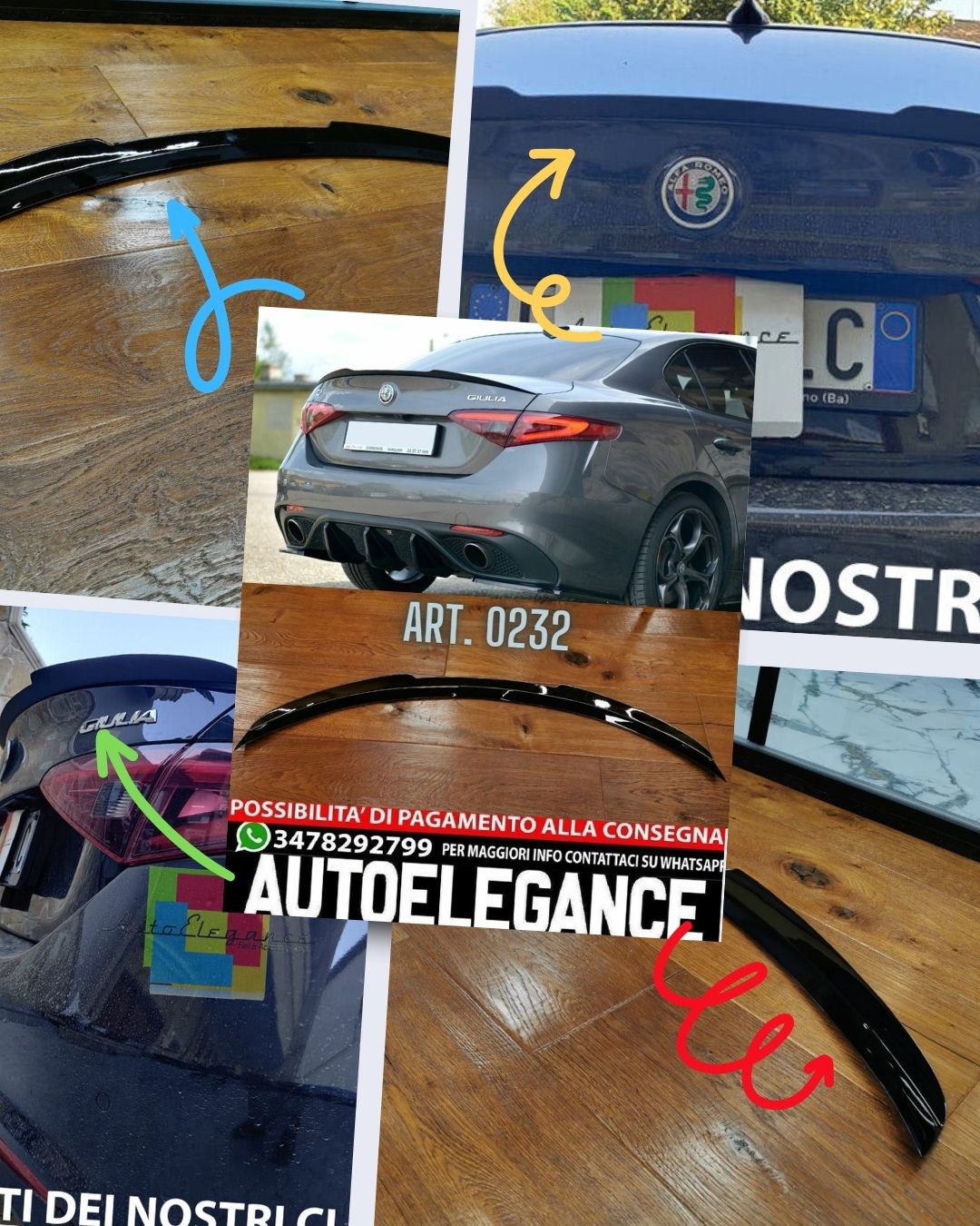 SPOILER ADATTO PER ALFA ROMEO GIULIA GIULIETTA LOOK NERO LUCIDO DESIGN SPORTIVO