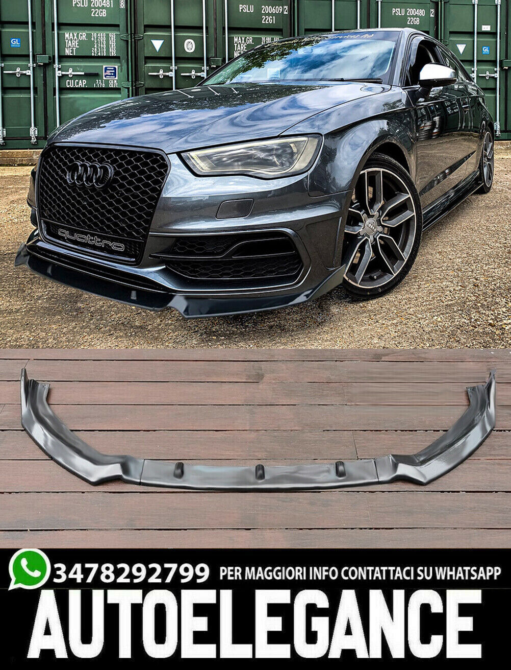 AUDI A3 8V SLINE 2012-2015 LAMA SOTTO PARAURTI ANTERIORE ABS NERO RS3 SPLITTER - AUTOELEGANCERICAMBI