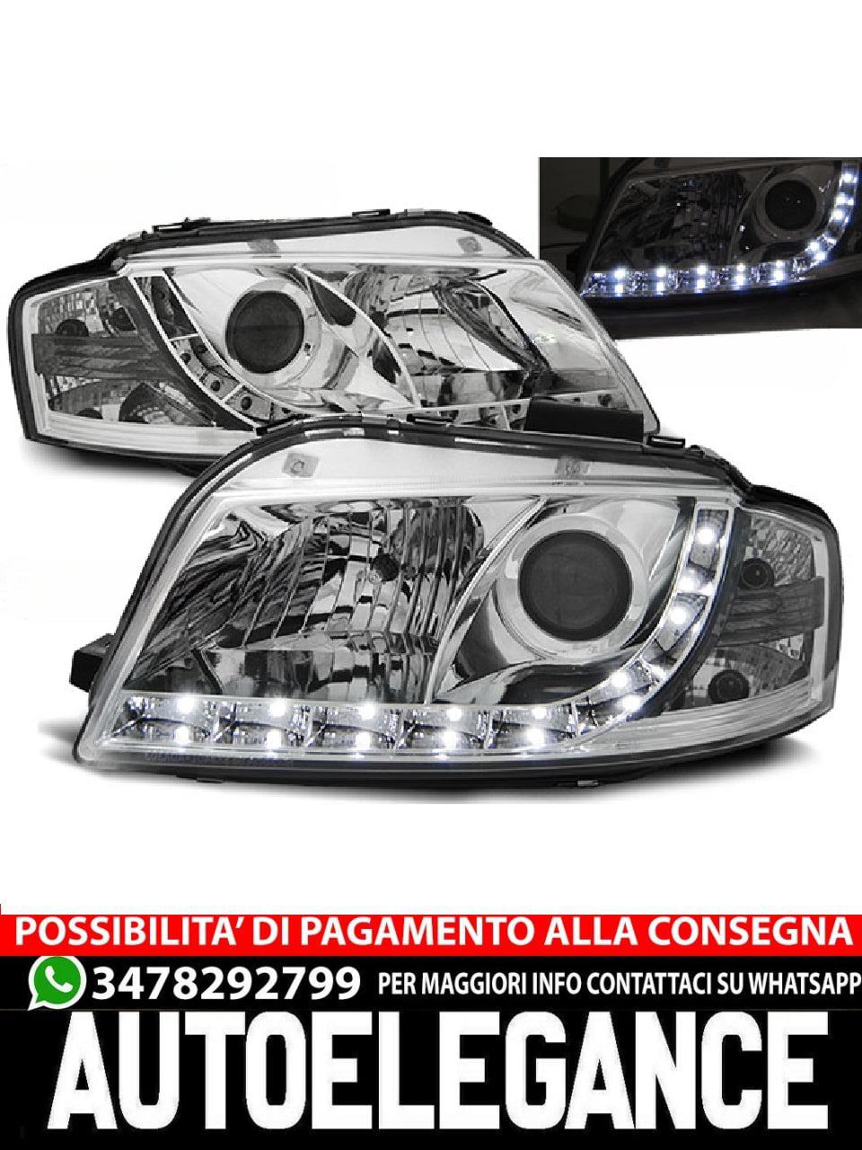 FARI ANTERIORI DAYLIGHT CHROME adatti compatibili per AUDI A3 8P 05.03-03.08